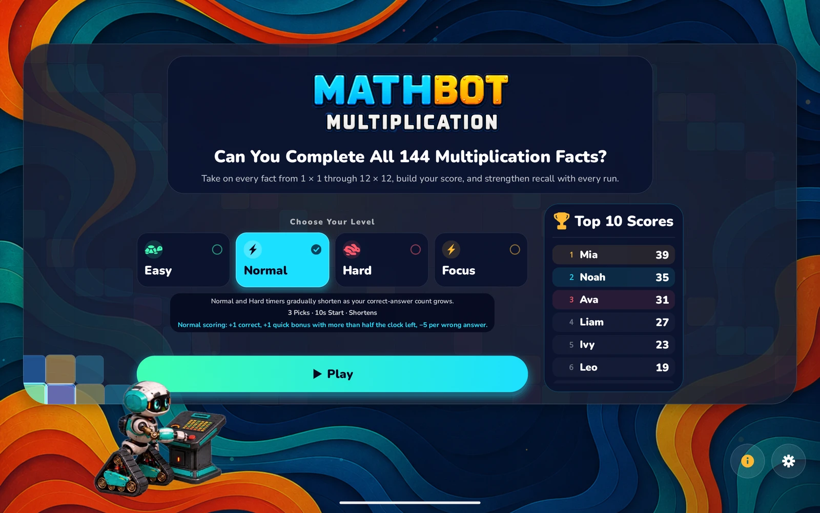 Mathbot — Choose Your Level: Easy · Normal · Hard · Focus