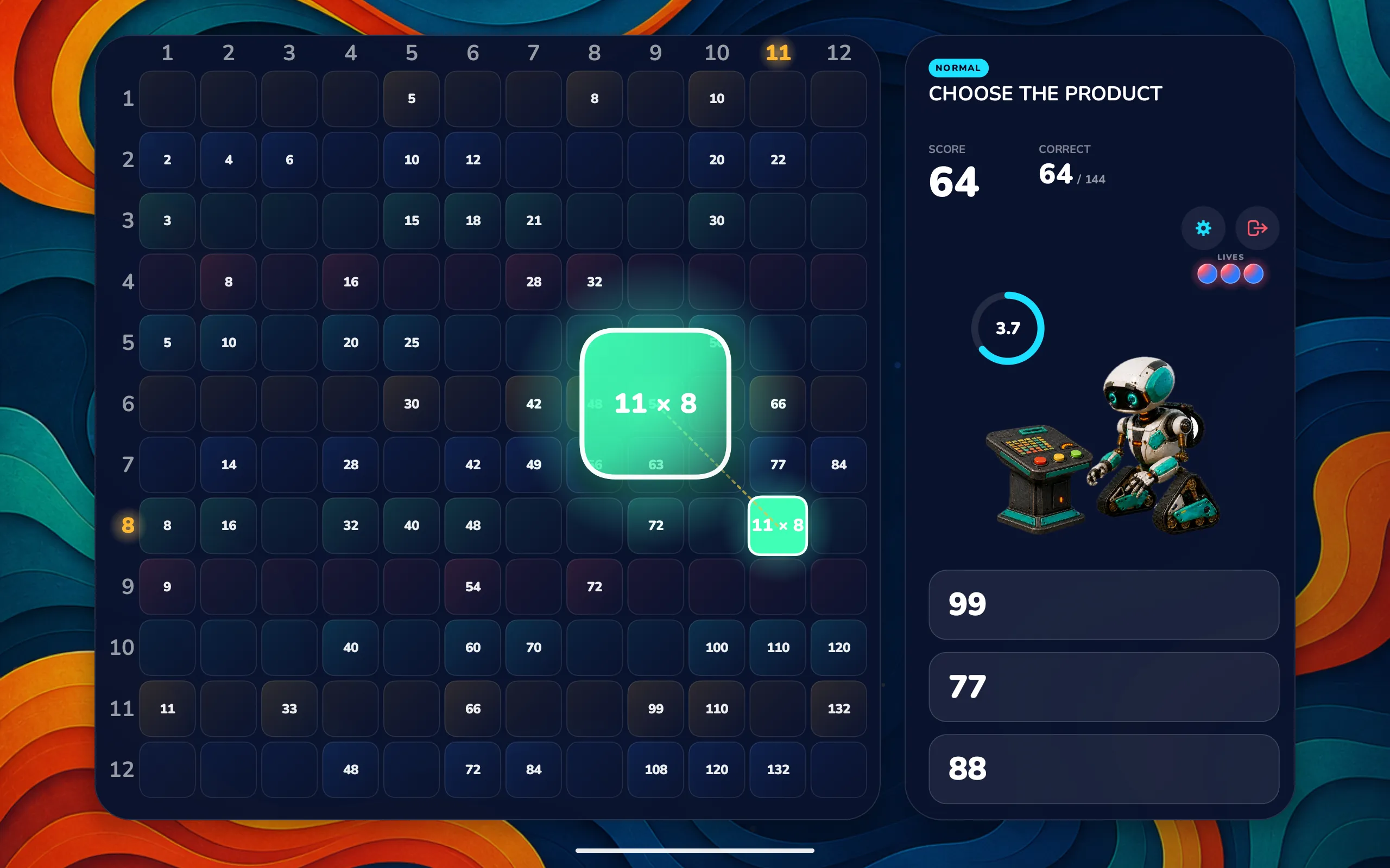 Mathbot multiplication practice on an Android tablet, with a wide board and answer choices