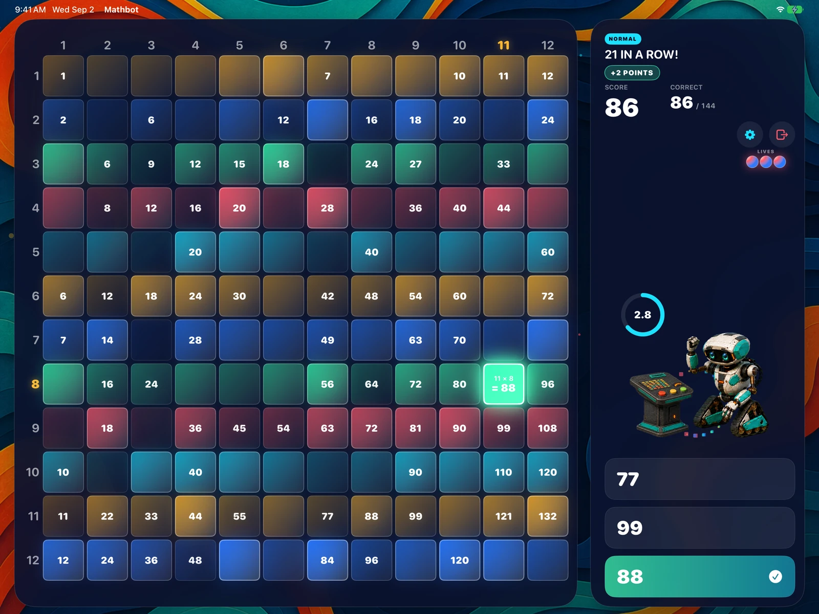 A correct answer landing on the board, lighting the grid up
