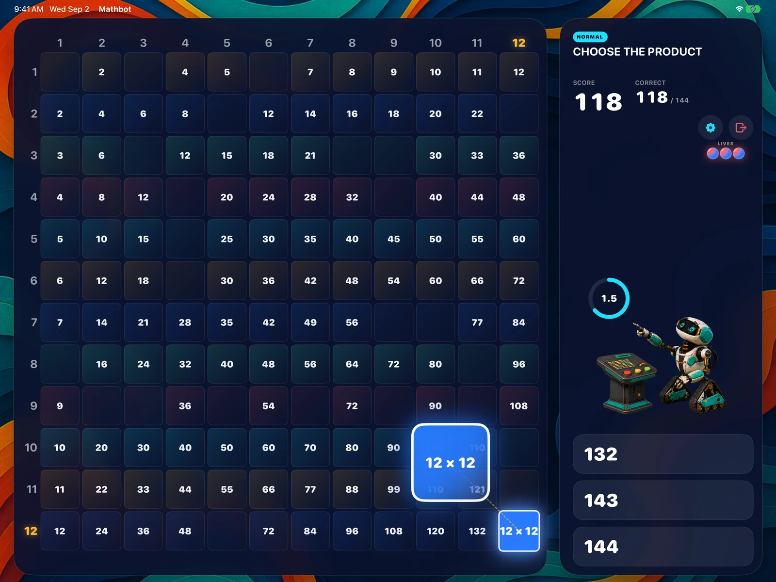 An iPad board late in a run, with most of the 144 squares answered