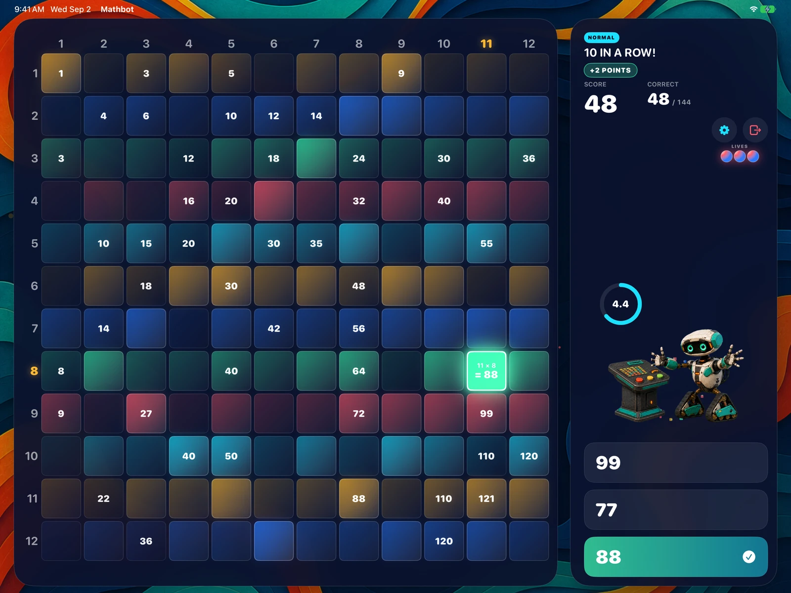 A correct answer landing during a streak, brightening the iPad board