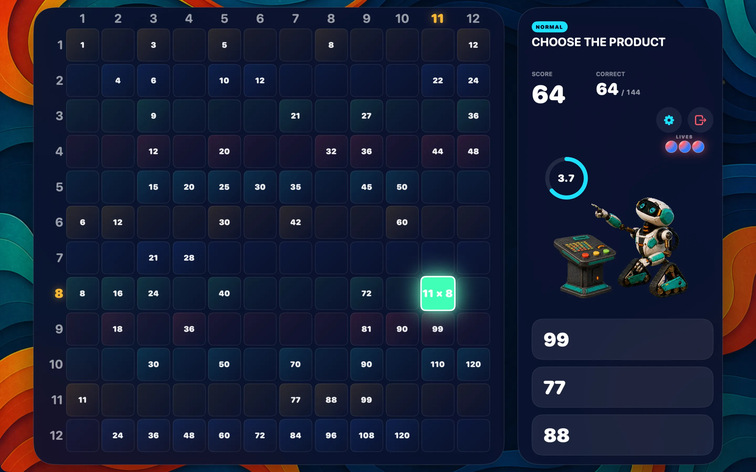 Mathbot multiplication practice in a Mac window, with answer choices beside the grid