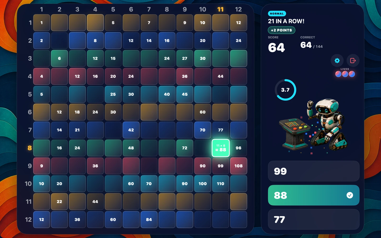 A correct answer landing on 21 in a row, lighting up the Mac board