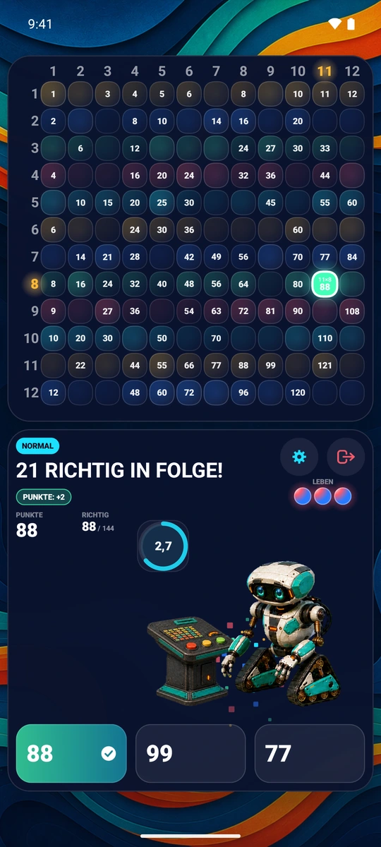 Eine richtige Antwort landet während einer Serie auf einem Android-Smartphone und lässt das Spielfeld aufleuchten