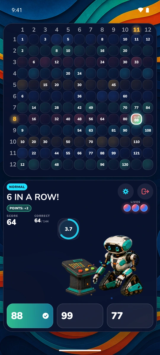 A correct answer landing on the board, lighting the grid up