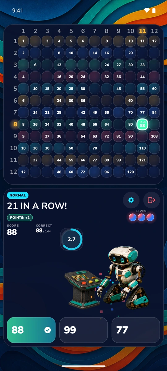 A correct answer landing during a streak on an Android phone, lighting up the board