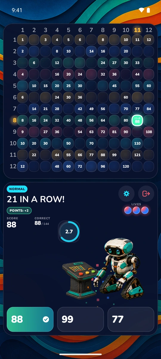 A correct answer landing during a streak on an Android phone, lighting up the board