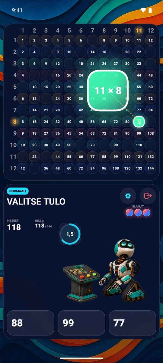 Android-puhelimen pelilauta kierroksen loppupuolella, useimpiin 144 ruudusta vastattu