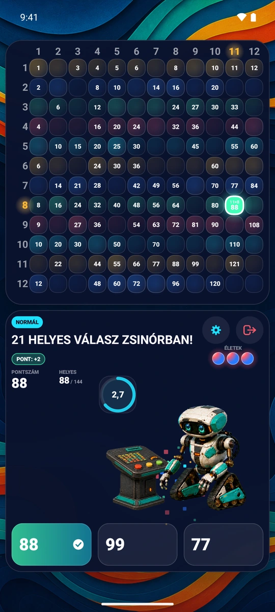 Egy helyes válasz a helyére kerül egy sorozat közben Android telefonon, és felragyog a tábla
