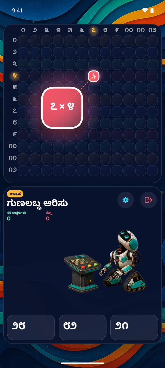 ೧–೧೨ರಲ್ಲಿ ಒಂದು ಸಂಖ್ಯೆ ಆರಿಸು. ಅದರ ಅಡ್ಡಸಾಲು ಮತ್ತು ಲಂಬಸಾಲಿನ ೨೩ ಪ್ರಶ್ನೆಗಳನ್ನು ಅಭ್ಯಾಸ ಮಾಡು.