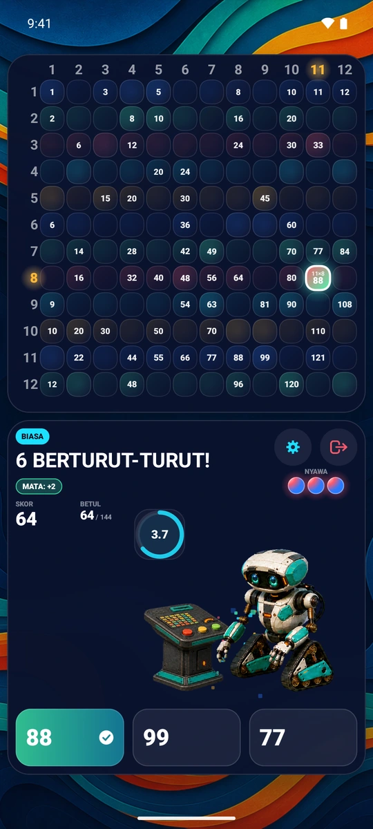 Jawapan betul mendarat pada papan dan menyalakan grid