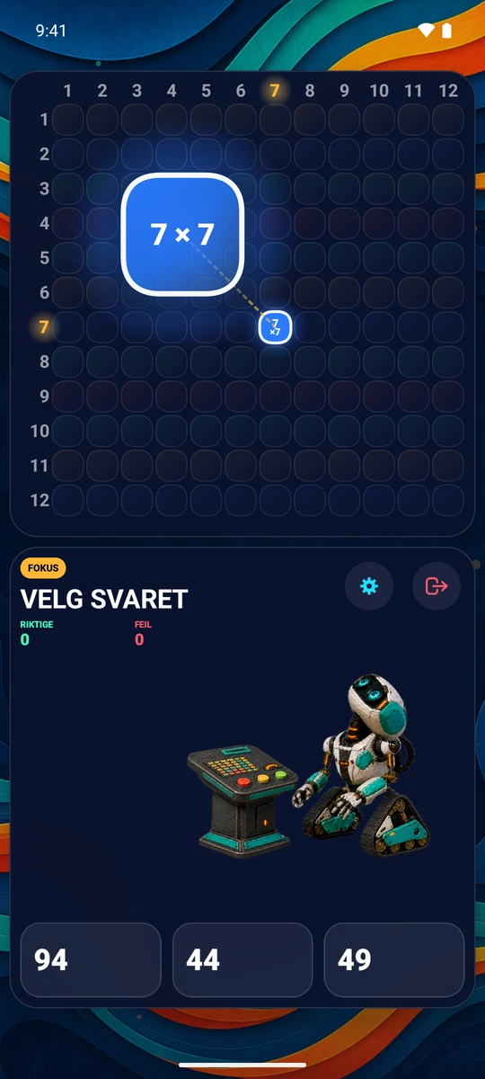 Velg et tall fra 1 til 12. Øv på tallets rad og kolonne med 23 spørsmål.