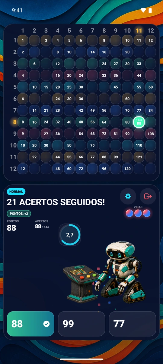 Uma resposta certa chegando durante uma sequência em um celular Android, iluminando o tabuleiro