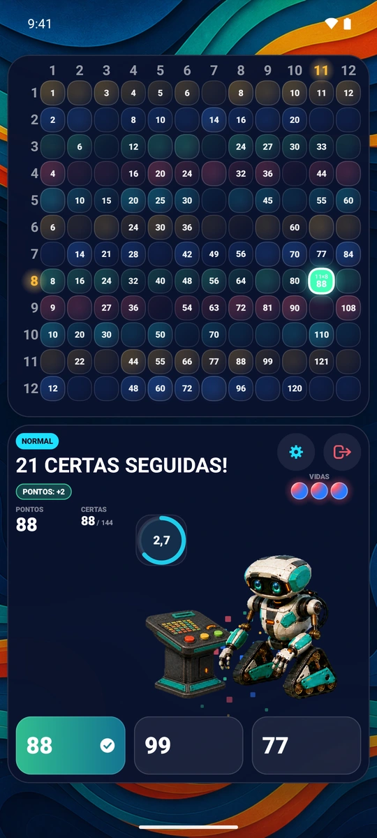 Uma resposta certa a chegar durante uma sequência num telemóvel Android, a iluminar o tabuleiro