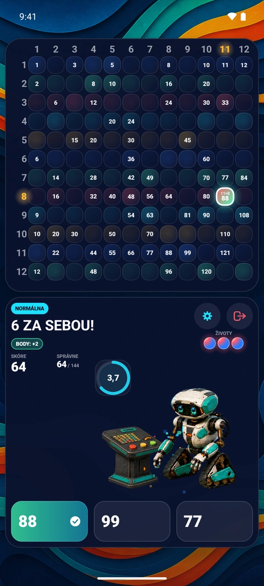 Správna odpoveď dopadá na hraciu plochu a rozsvecuje mriežku