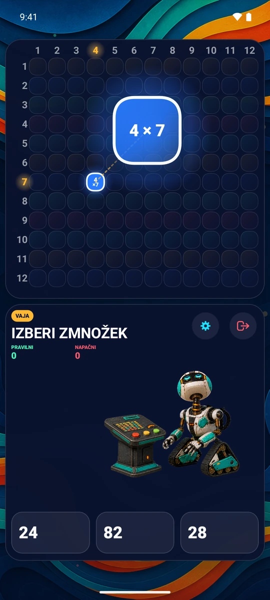 Izberi število od 1 do 12. Vadi njegovo vrstico in stolpec s 23 vprašanji.