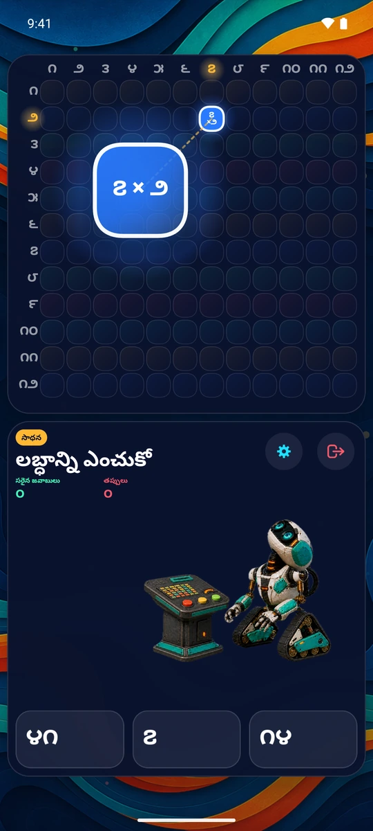 ౧–౧౨లో ఒక సంఖ్యను ఎంచుకో. దాని అడ్డు వరుస, నిలువు వరుసలోని ౨౩ ప్రశ్నలను సాధన చేయి.