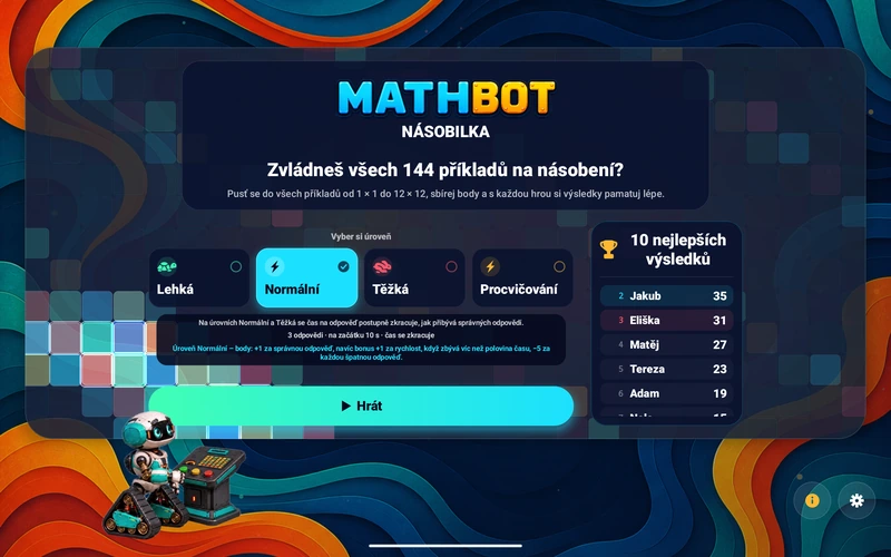 Mathbot — Vyber si úroveň: Lehká · Normální · Těžká · Procvičování