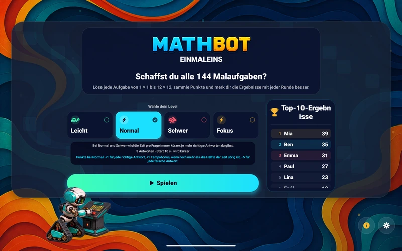 Mathbot — Wähle dein Level: Leicht · Normal · Schwer · Fokus