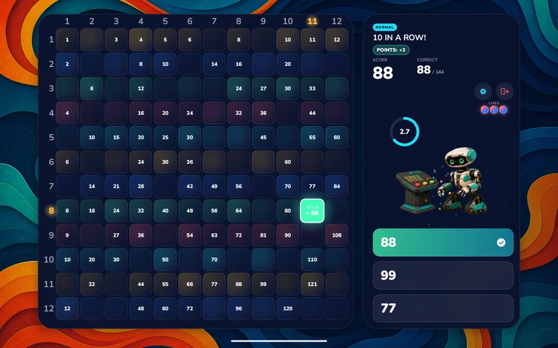 A correct answer landing during a streak on an Android tablet, brightening the board