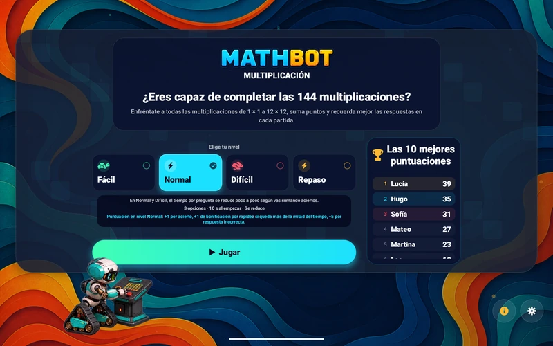 Mathbot — Elige tu nivel: Fácil · Normal · Difícil · Repaso