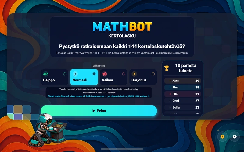 Mathbot — Valitse taso: Helppo · Normaali · Vaikea · Harjoitus