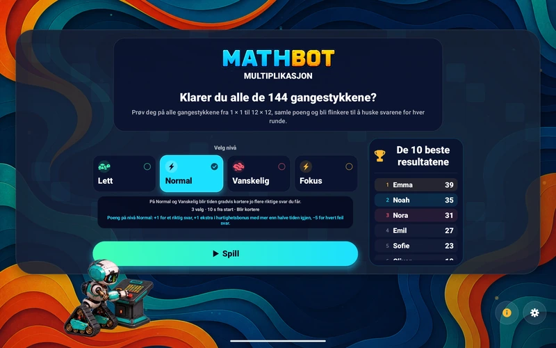 Mathbot — Velg nivå: Lett · Normal · Vanskelig · Fokus