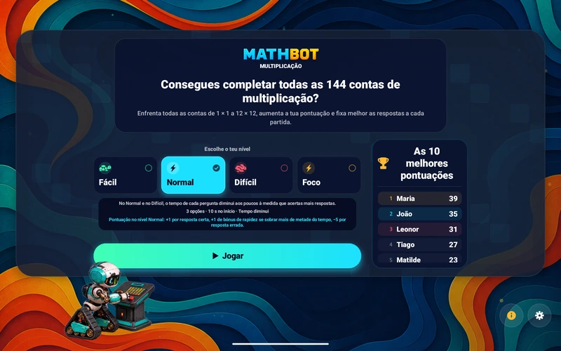 Mathbot — Escolhe o teu nível: Fácil · Normal · Difícil · Foco