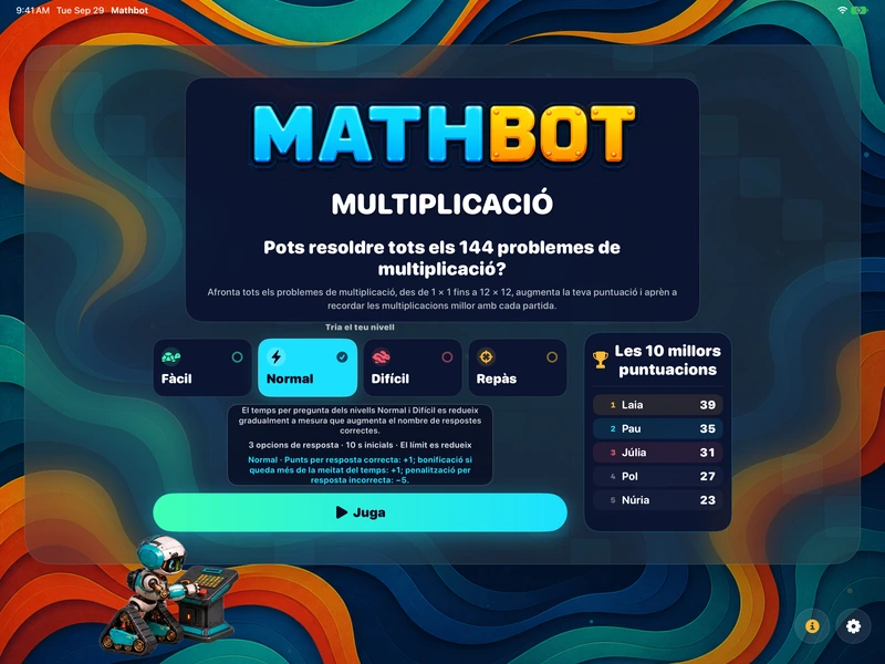 Mathbot — Tria el teu nivell: Fàcil · Normal · Difícil · Repàs