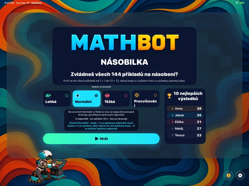 Mathbot — Vyber si úroveň: Lehká · Normální · Těžká · Procvičování