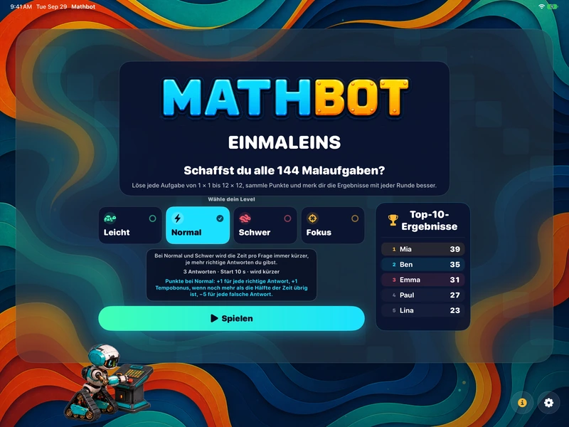 Mathbot — Wähle dein Level: Leicht · Normal · Schwer · Fokus