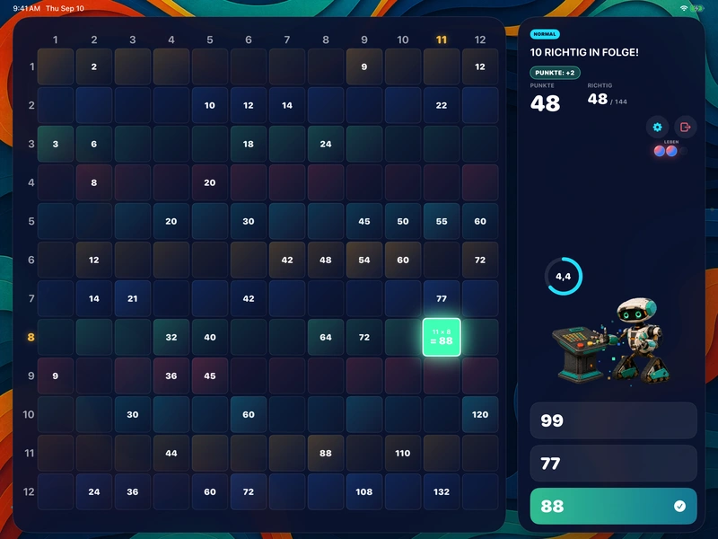 Eine richtige Antwort landet während einer Serie und macht das iPad-Spielfeld heller