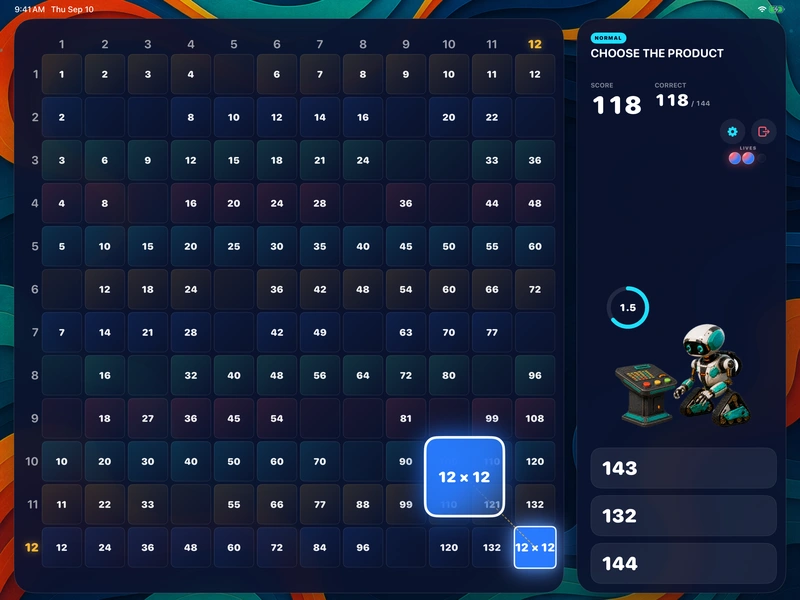 An iPad board late in a run, with most of the 144 squares answered