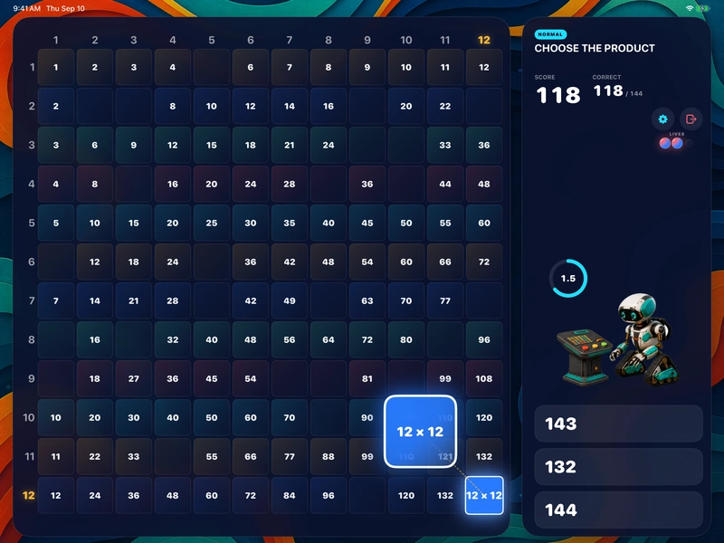 An iPad board late in a run, with most of the 144 squares answered