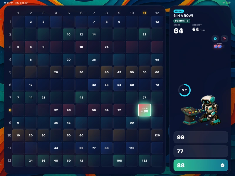 A correct answer landing on the board, lighting the grid up