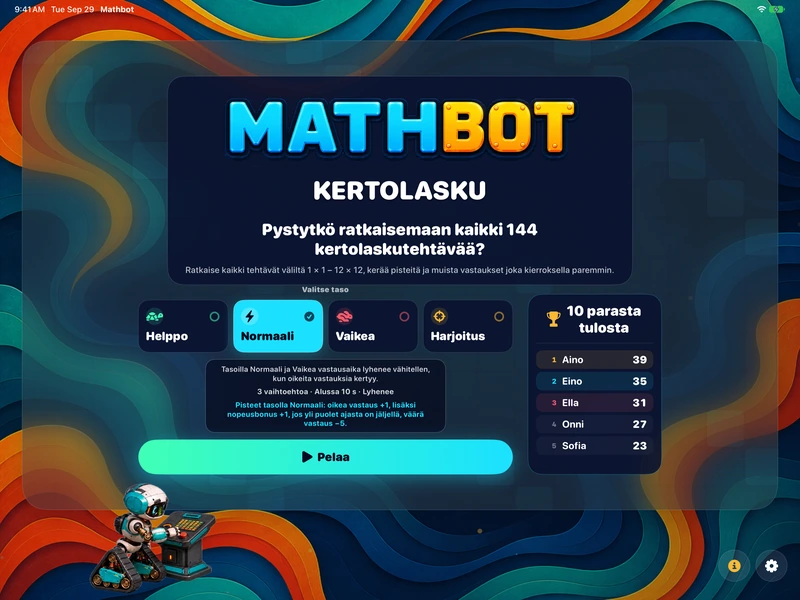 Mathbot — Valitse taso: Helppo · Normaali · Vaikea · Harjoitus