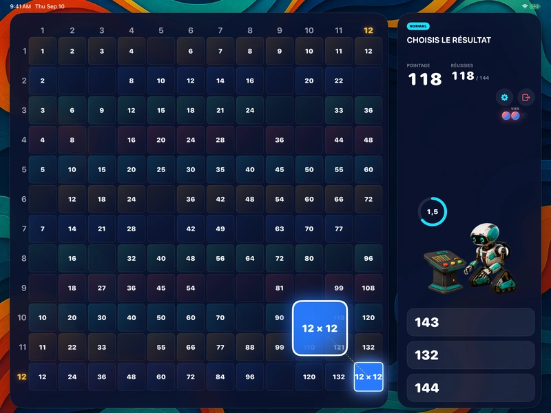 Une grille sur iPad vers la fin d’une partie, avec la plupart des 144 cases remplies