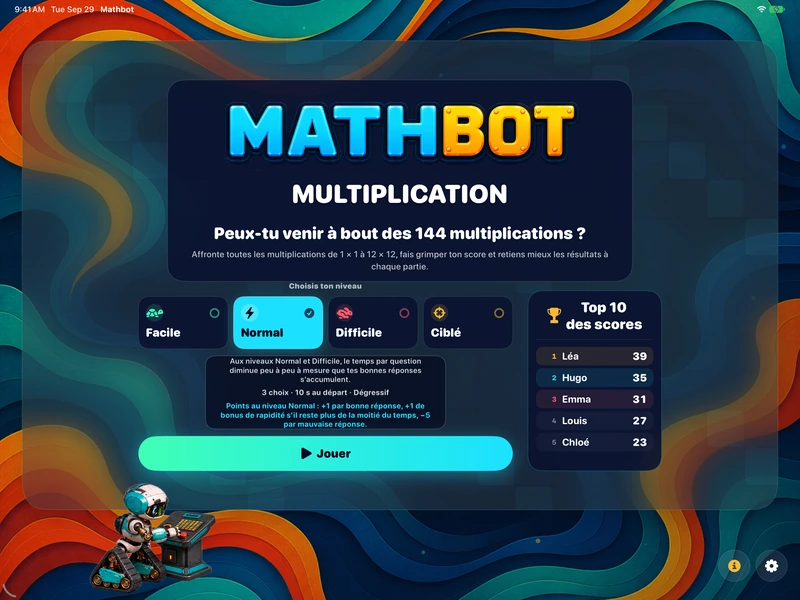 Mathbot — Choisis ton niveau: Facile · Normal · Difficile · Ciblé