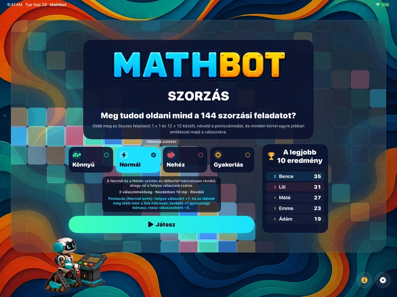 Mathbot — Válassz szintet: Könnyű · Normál · Nehéz · Gyakorlás