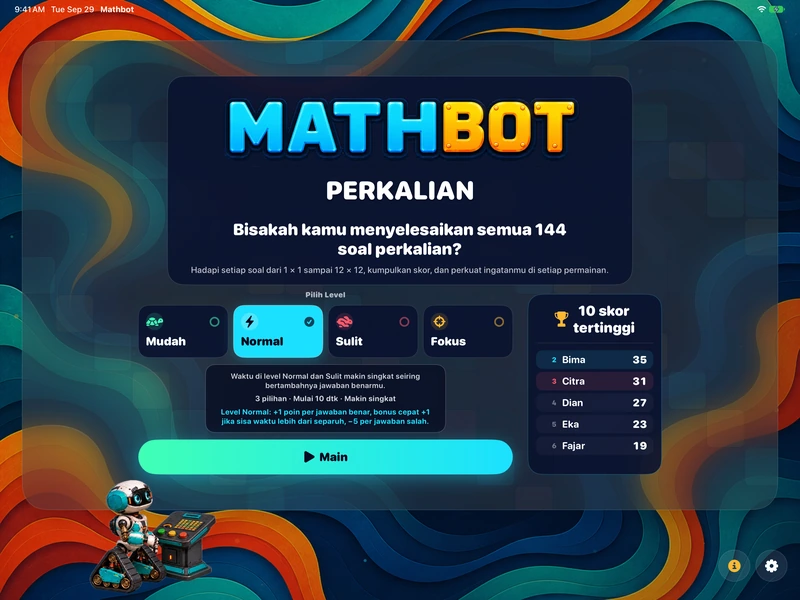 Mathbot — Pilih Level: Mudah · Normal · Sulit · Fokus