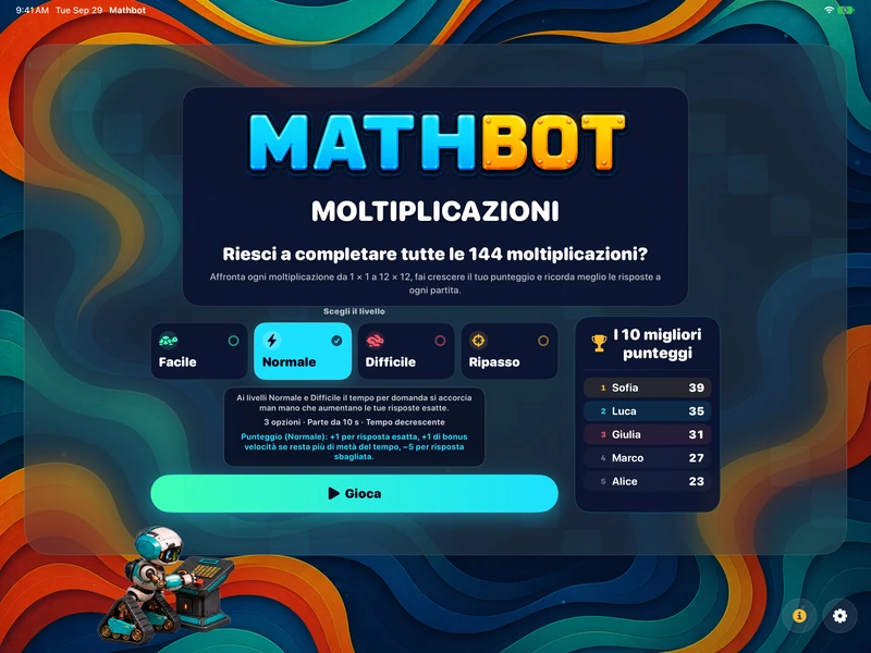 Mathbot — Scegli il livello: Facile · Normale · Difficile · Ripasso
