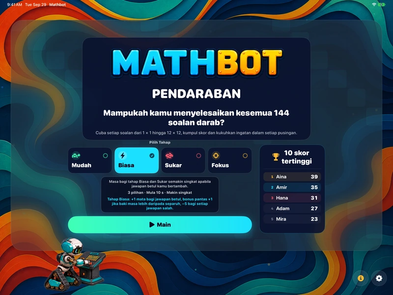 Mathbot — Pilih Tahap: Mudah · Biasa · Sukar · Fokus