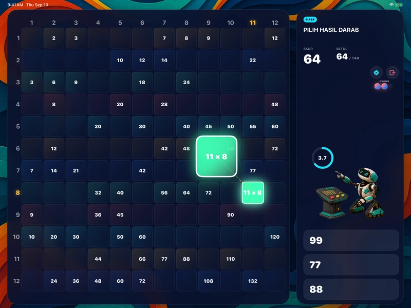 11 × 8 terangkat dari petaknya sendiri pada grid, dengan tiga hasil darab untuk dipilih
