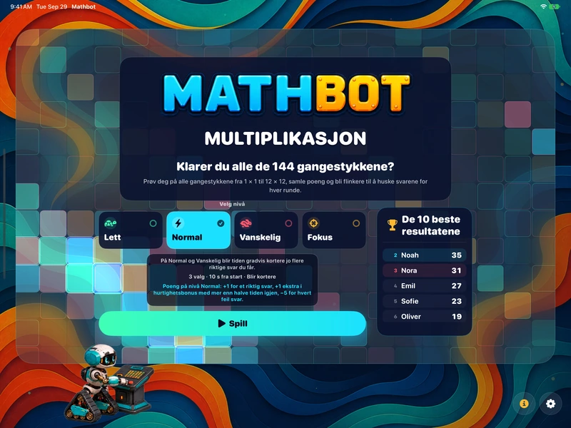 Mathbot — Velg nivå: Lett · Normal · Vanskelig · Fokus