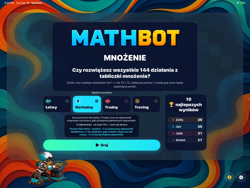 Mathbot — Wybierz poziom: Łatwy · Normalny · Trudny · Trening