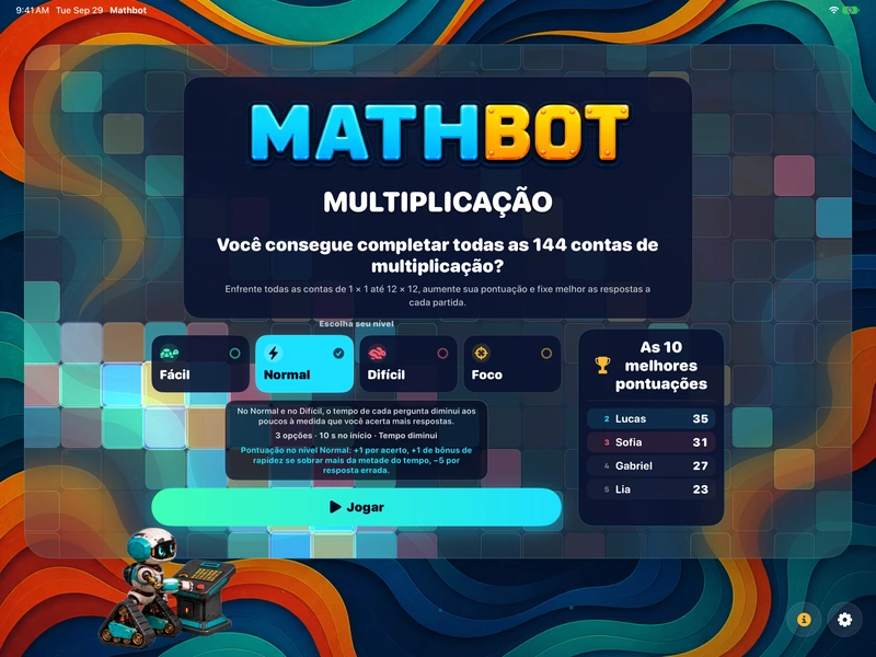 Mathbot — Escolha seu nível: Fácil · Normal · Difícil · Foco