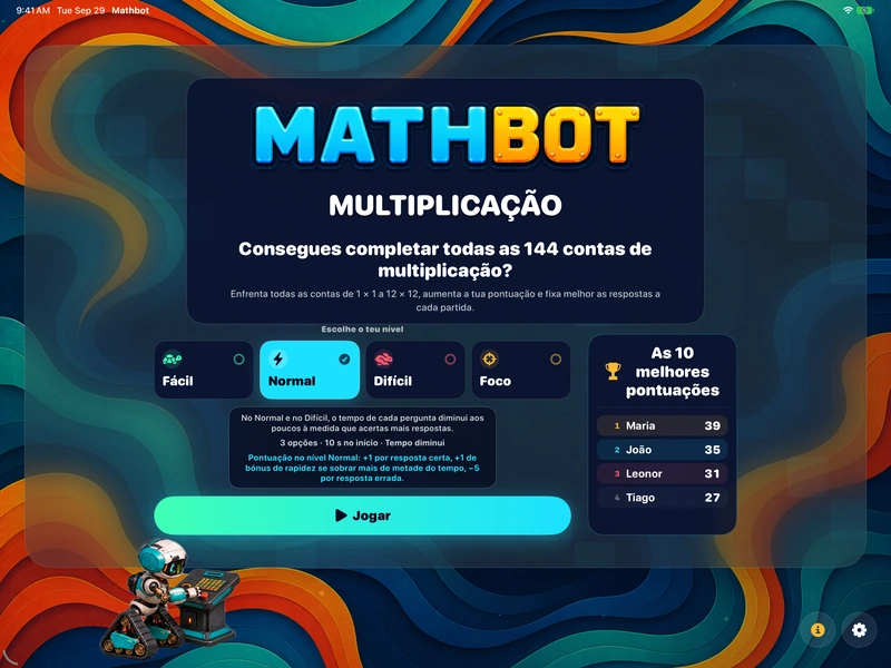 Mathbot — Escolhe o teu nível: Fácil · Normal · Difícil · Foco