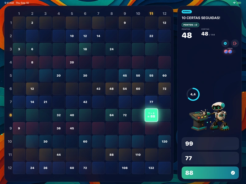 Uma resposta certa a chegar durante uma sequência, a tornar o tabuleiro do iPad mais brilhante