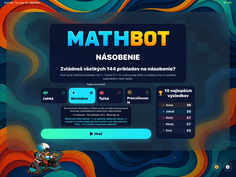 Mathbot — Vyber si úroveň: Ľahká · Normálna · Ťažká · Precvičovanie