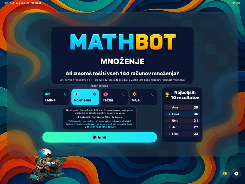 Mathbot — Izberi stopnjo: Lahka · Normalna · Težka · Vaja